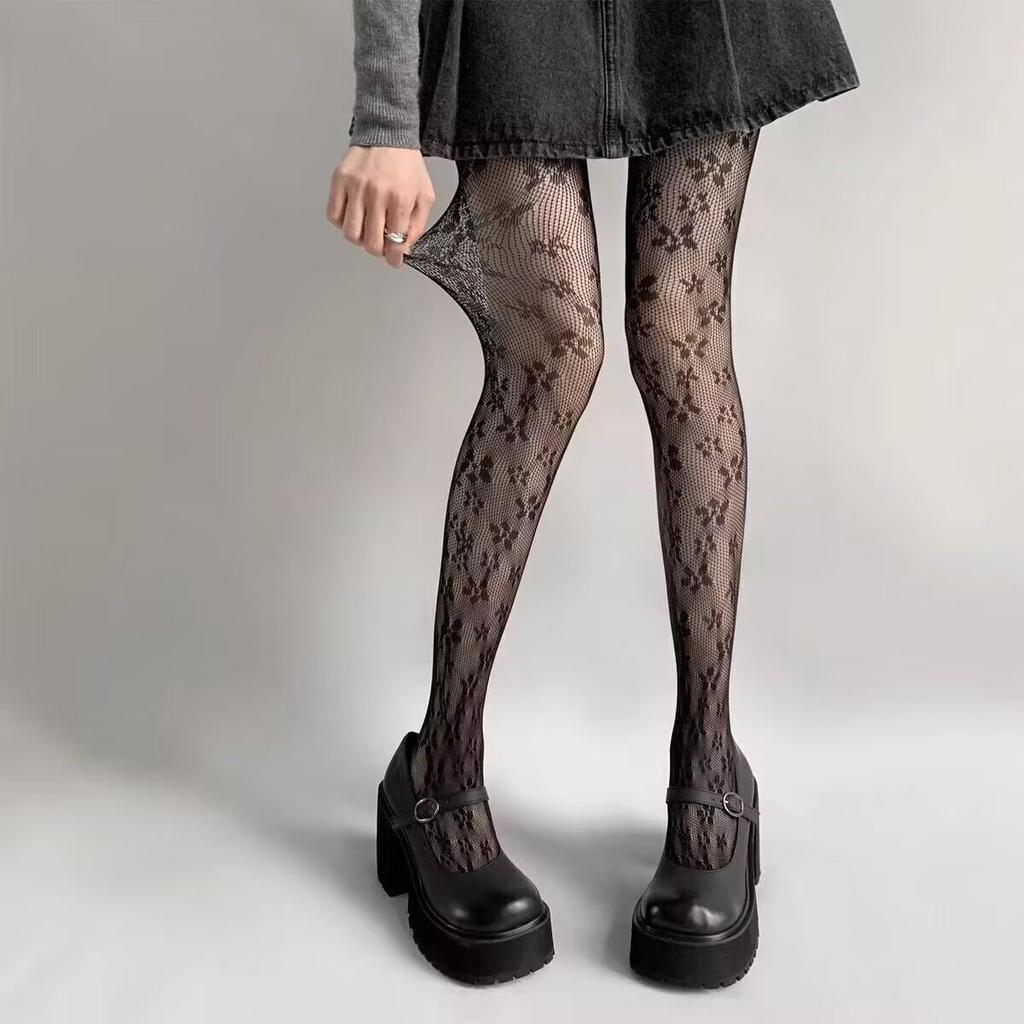 Retro Floral Jacquard Fishnet Stockings, Y2K Black Anti-Snag Stockings for Women