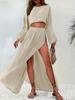 Women's Light Green Cropped Knit Top with Flared Sleeves and Matching High-Slit Maxi Skirt Set, Bohemian Style Outfit