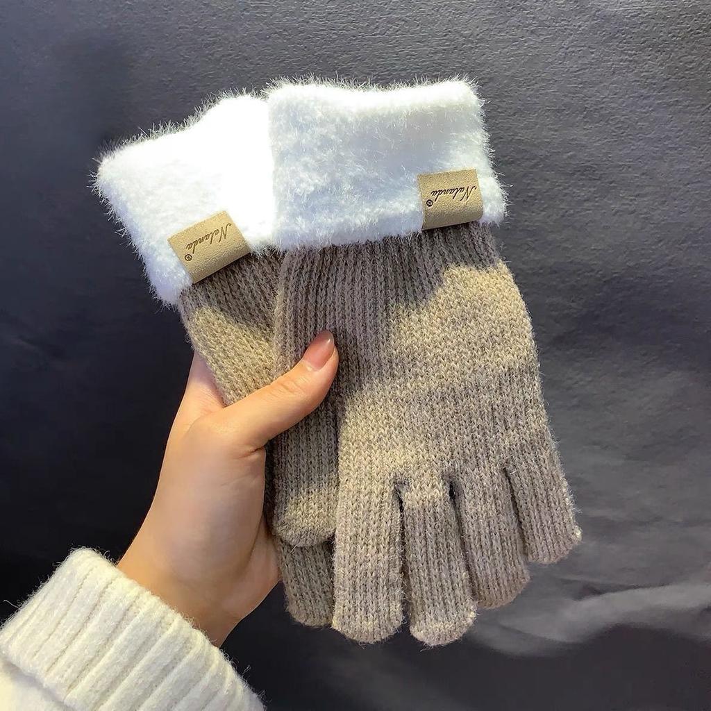 Warm Knitted Gloves Knitted Yarn Women Winter Dew Two Fingers Touchable Screen Cute Thickened Warmth Autumn and Winter Cycling Cold Resistant Gloves