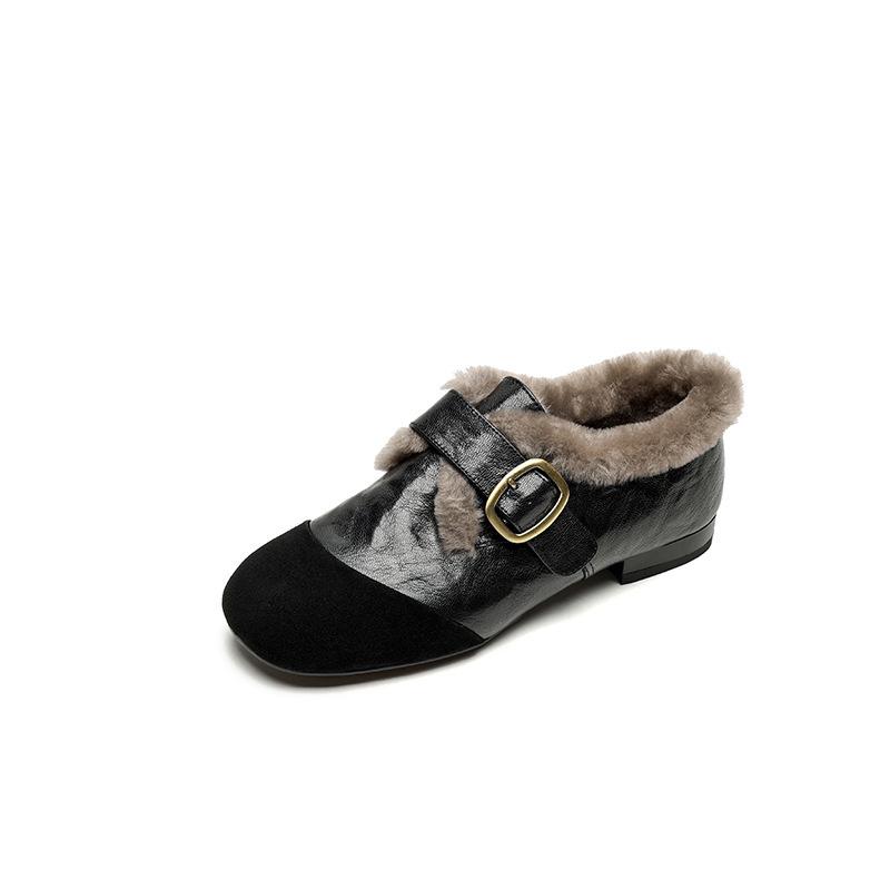 Ретро круглый носок замшевая вставка на плоской подошве однотонные туфли британский стиль пряжка ремешок маленькие кожаные туфли 35