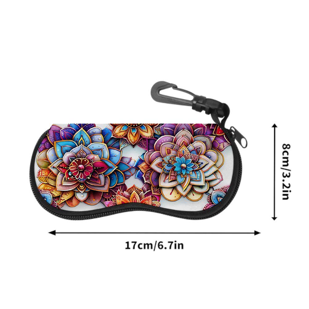 2D-Boho Floral Print Protective Sunglasses Case, Colorful Mandala Pattern Eyeglasses Storage Pouch, Zipper Travel Eyewear Organizer for Women Gift