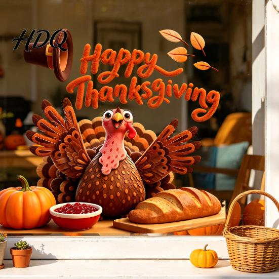 Harvest Festival Window Art Autumn Thanksgiving Turkey Static Sticker Decorative Removable PVC Decals Easy Apply Paster Theme Wall Clings for Indoor