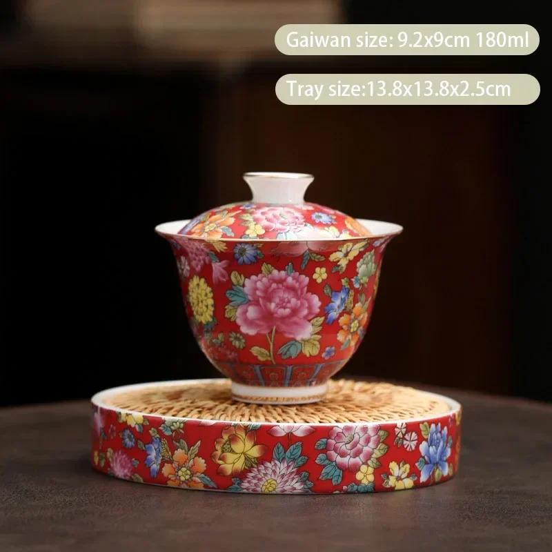 Chinese Enamel Color Ceramic Gaiwan Pot Bearing Handmade Flowers Porcelain Tea Bowl Teacup Household Tea Infuser Travel Teaware