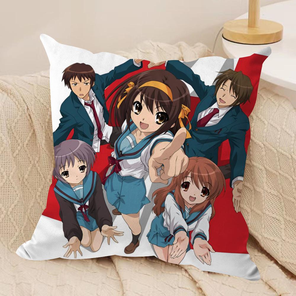 The Melancholy of Haruhi Suzumiya Cushion Cover Soft Plush Fabric Double-Sided Printed Sofa Cushion Cover for All Seasons Decor