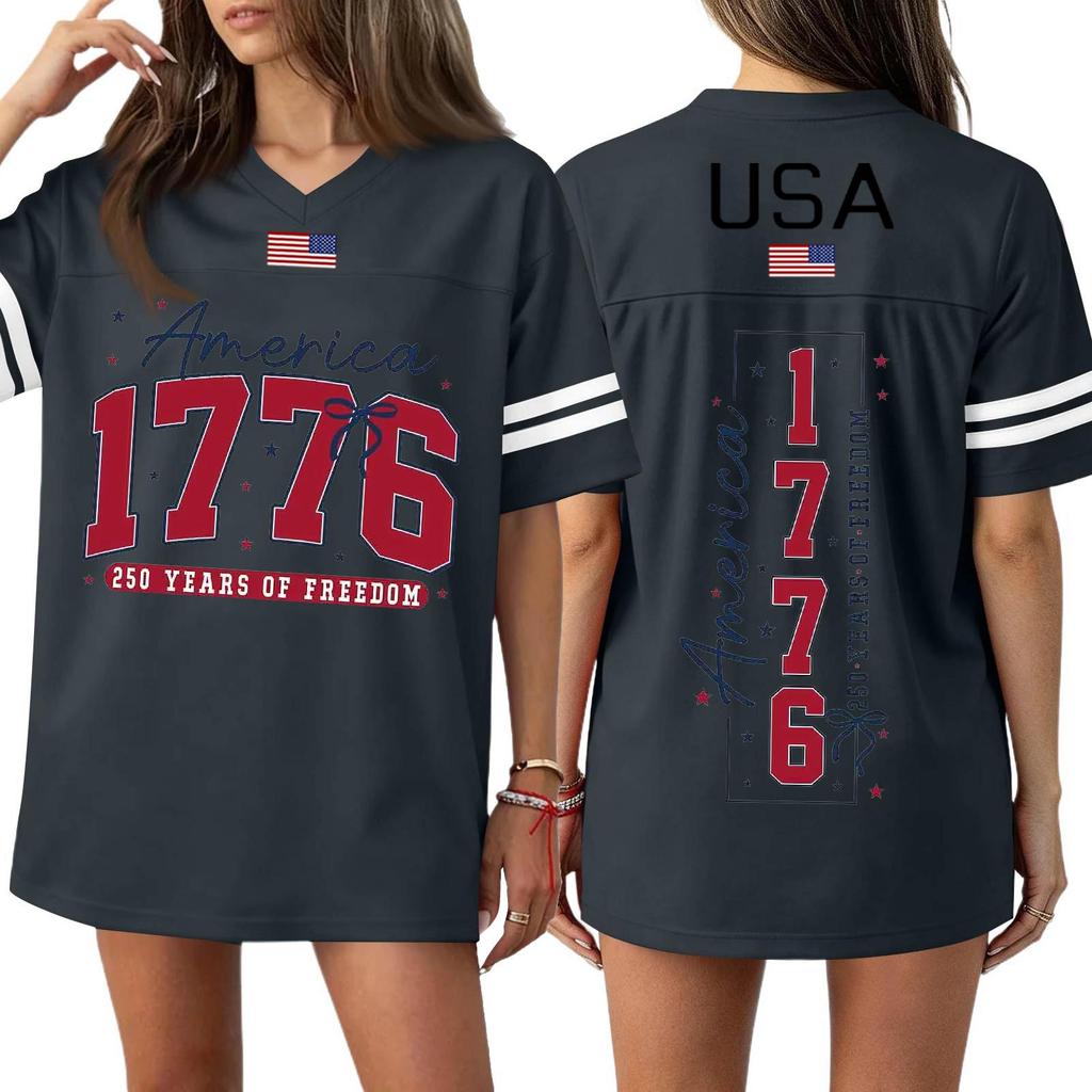 Women's Casual Fashion V-Neck Sports Independence Day Print Short Sleeve Sports T-Shirt Top