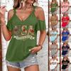 T-shirt décontracté à la mode pour femme, imprimé Jour de l'Indépendance, col à bretelles, épaules dénudées, manches courtes