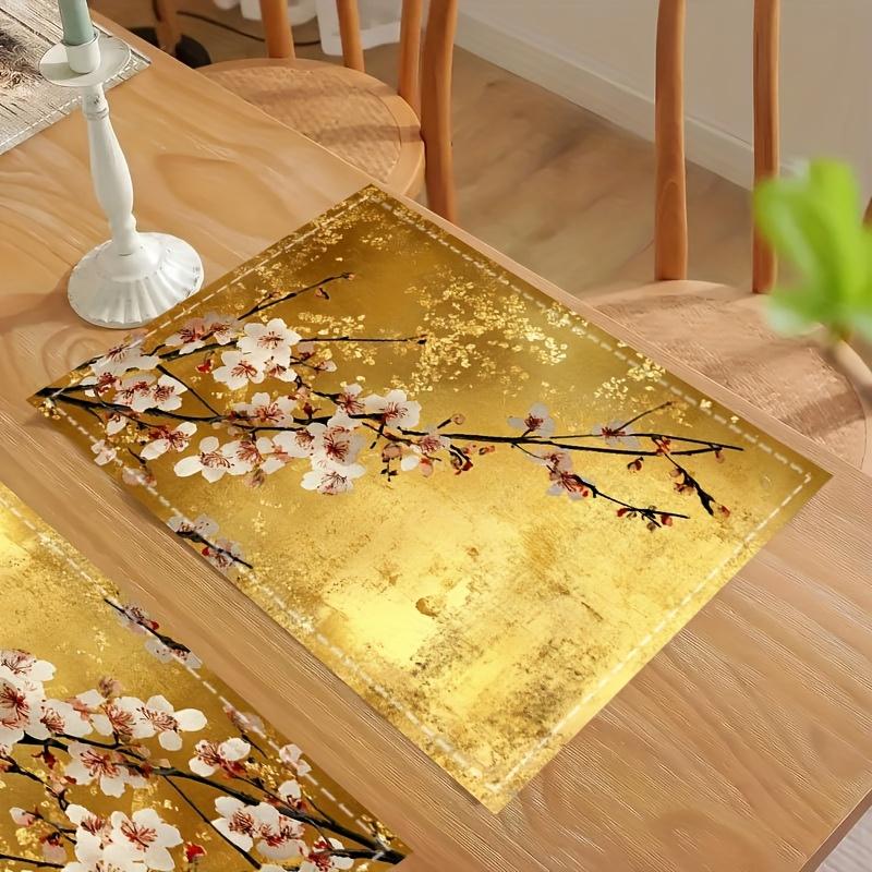 4pcs Elegant Golden Chinese Style Floral Placemats, 12.5X 16.5Inch- Polyester, Machine Washable, Suitable for Family Gatherings, Parties, Kitchen And