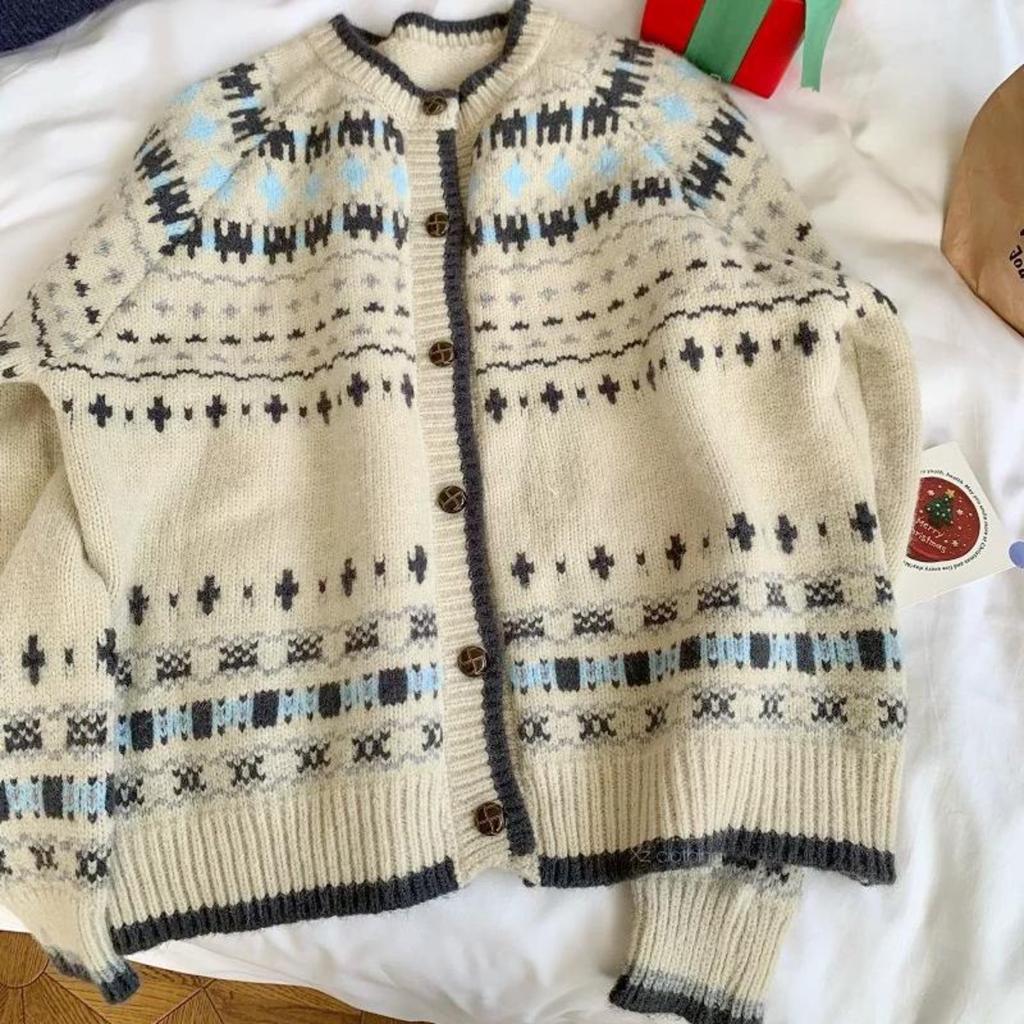Korean Retro, Spring and Autumn New Style, Round Neck, Jacquard Contrasting Trade, Loose Casual Knitted Cardigan, Women's Sweater