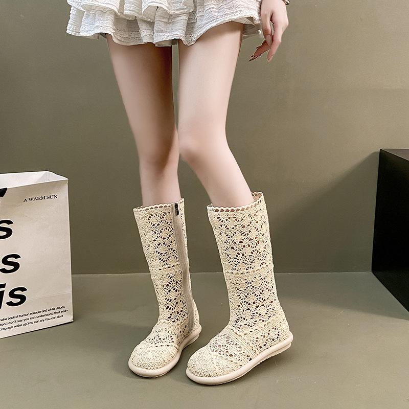 Women's Hollow Out Mesh Boots New Breathable Summer Cool Boots Designer Lace Knee High Boots for Women High Tube Casual Booties