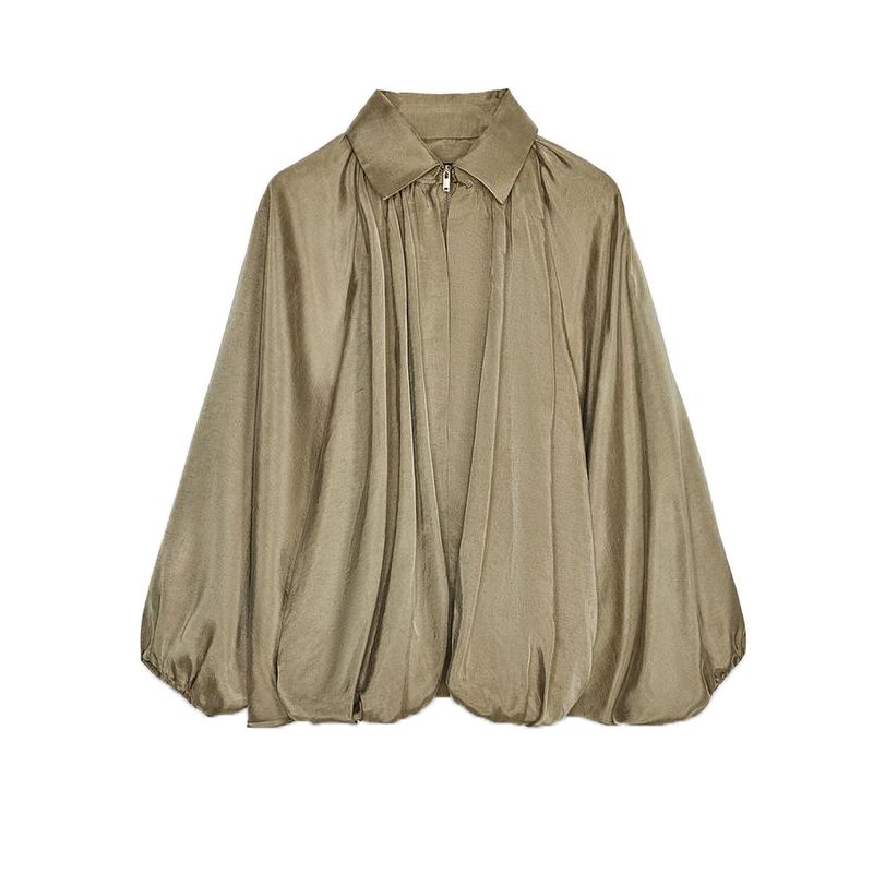 Spring New Women's Clothing Lapel Long Sleeves Ruched Hem Puffy Pilot Jacket Outwear 2814404