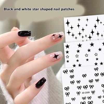 Czarne Białe Naklejki Gwiazdki Czteroramienne 3D Ultracienkie Naszywki Ozdoby na Paznokcie Slider Y2K Naklejki Nail Art Akcesoria do Manicure