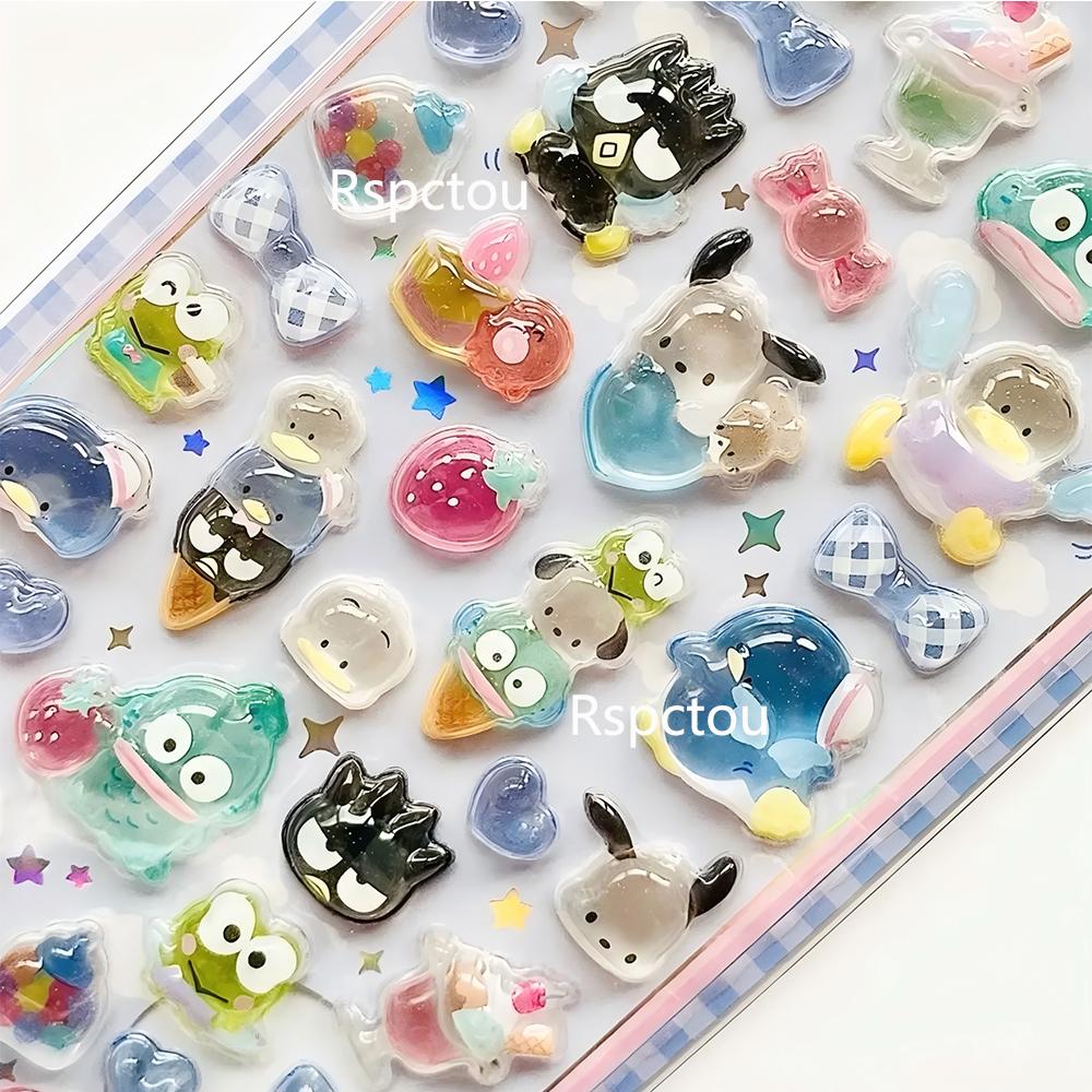 Kawaii Sanrio Cartoon Relief Stickers Cinnamoroll Kuromi Pompom Purin Melody Jelly Crystal Sticker Cute Decoration Decals Gifts