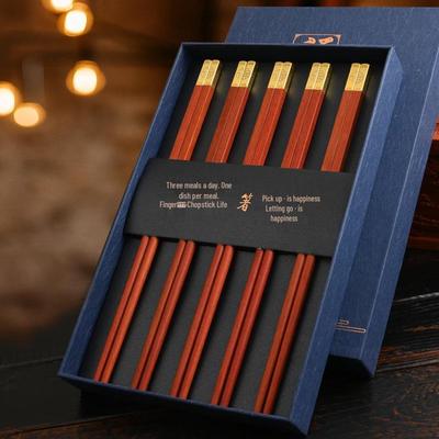 Gold & Silver Thread Red Sandalwood Chopsticks with Engraved Logo - Gift Box for Household & Hotel Use