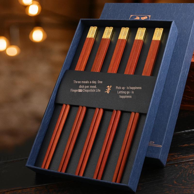 Gold & Silver Thread Red Sandalwood Chopsticks with Engraved Logo - Gift Box for Household & Hotel Use