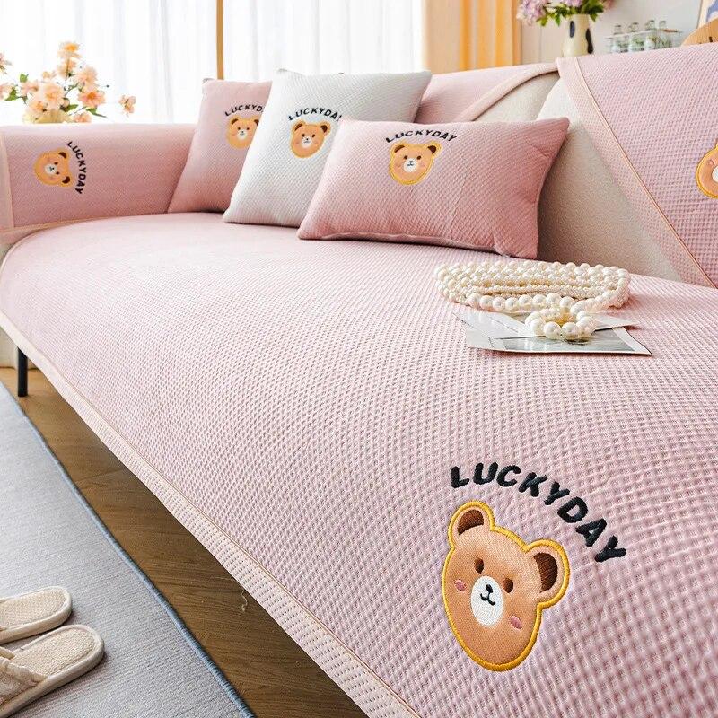 Pure Color Simplicity Ice Silk Sofa Cover Cartoon Embroidery Couch Mat Summer Cool Non-slip Sofa Cushion Soft Sofa Cushion Towel