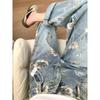 Jeans a Gamba Larga Stampati Floreali Retro Americani Larghi Vita Alta Slim Dritti Pantaloni a Strascico