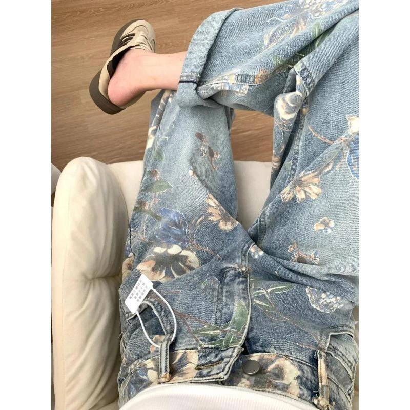Jeans a Gamba Larga Stampati Floreali Retro Americani Larghi Vita Alta Slim Dritti Pantaloni a Strascico