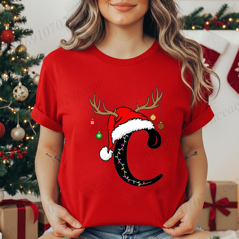Fashion Christmas Alphabet Santa Reindeer Print T-Shirts Fashion Clothing Short Sleeve T-shirt Christmas Party Trend Women Tops