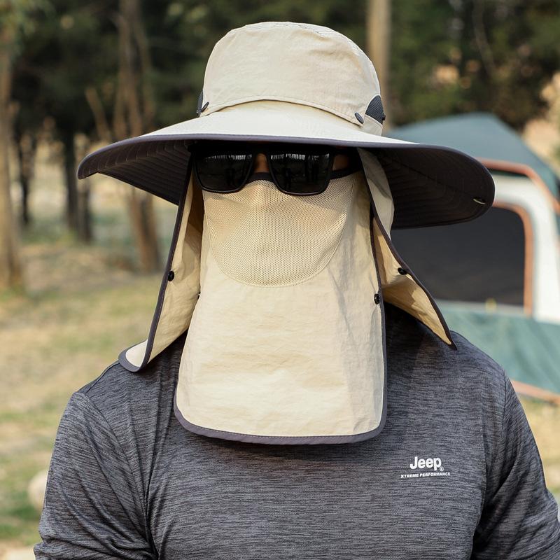 Mens Quick-Dry Fishing Bucket Hat with Detachable Neck Flap and Face Shield Large Brim Summer Sun Cap Removable Hat Top