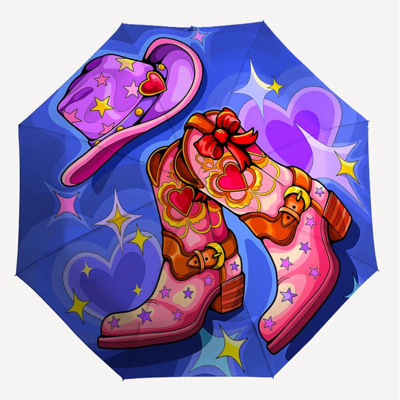 1pc Cowboy Boots Starry Hat Automatic Open/Close Umbrella with Windproof, 8-Rib Sturdy Canopy, Durable Ribs, Fashionable Design1149A