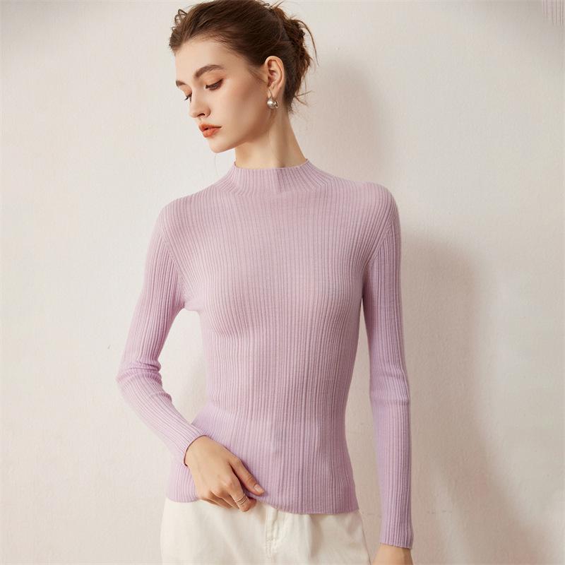 2025 Autumn Women's Slim Fit Korean Style Pleated Half-High Neck Wool Sweater