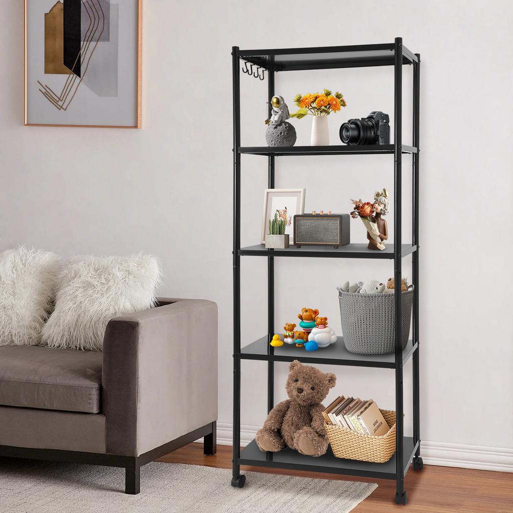 Carbon Steel 5 Tier Black Storage Rack,60x35x160/90x40x160cm Adjustable Freestanding Storage Rack with 4 Wheels for Garages