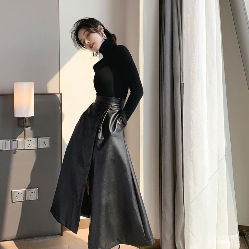 

Юбка А-силуэта с разрезом, с высокой талией, приталенная, осень-зима 2025 - В наличии M чёрный