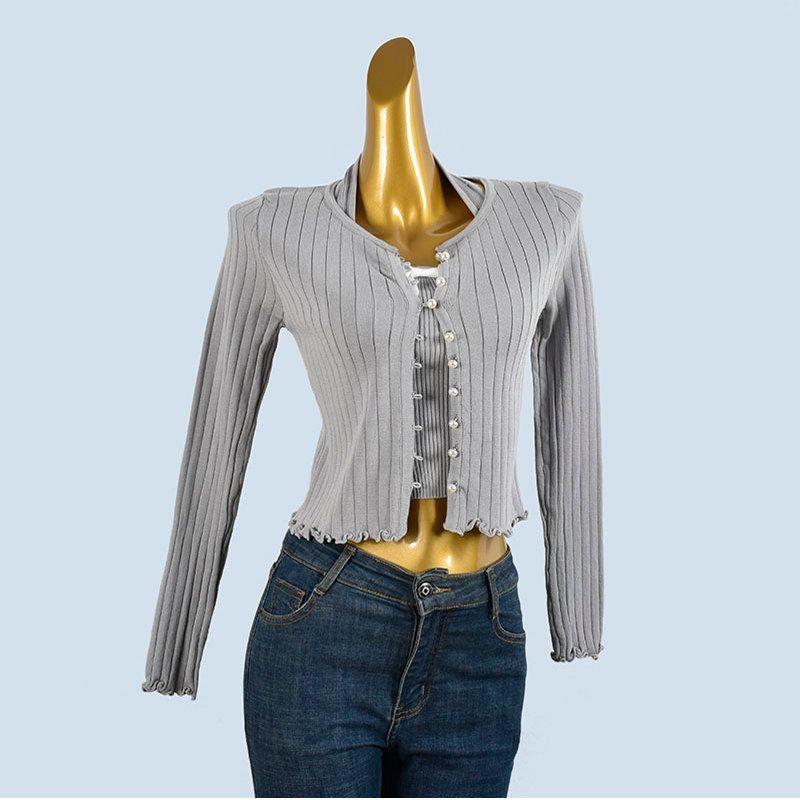 Sweet Spring and Summer Top Halter Top Bow Knitted Pearl Buckle Cardigan Short Two-piece Set Women Gyaru Pure Desire