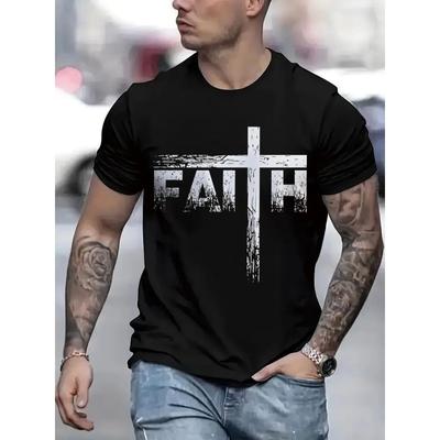 European Sizes Faith Graphic Print T-Shirt For Men Casual Short Sleeve Tee Comfortable Crew Neck, Soft Adorable Tees Tops