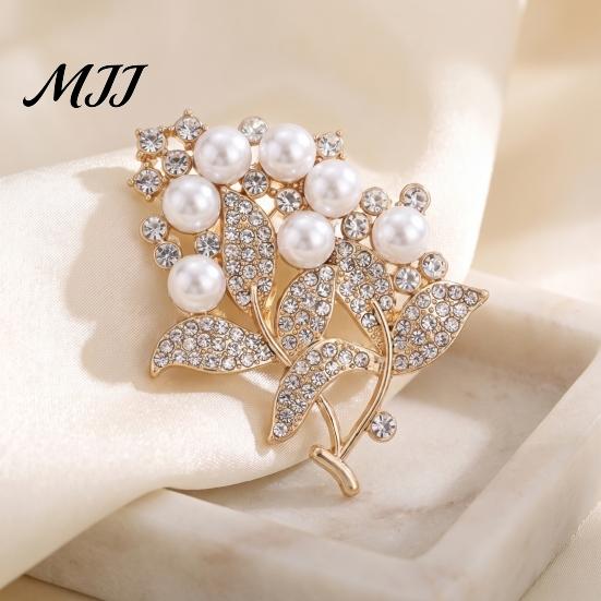 Flower Brooch Pin Branch with Faux Pearls Rhinestones, Decorative Lapel Floral for Wedding Party, Dainty Jewelry Accessory Women Girls Fashion