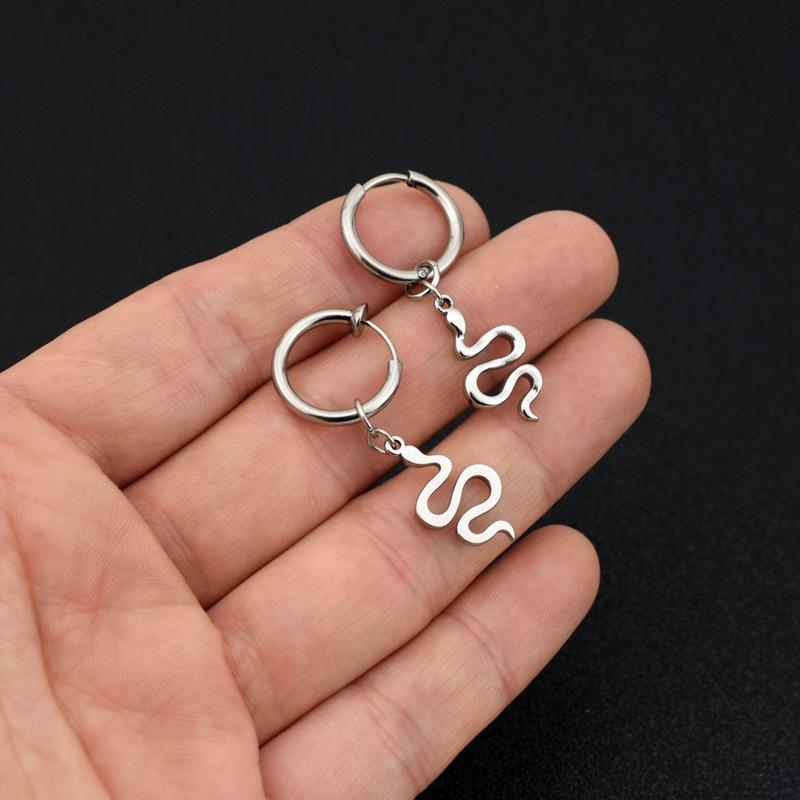 Snake Rose Flower Cross Dangle Hoops Earrings Silver Color Vintage Punk Stainless Steel Earrings For Women Men Jewelry Piercing