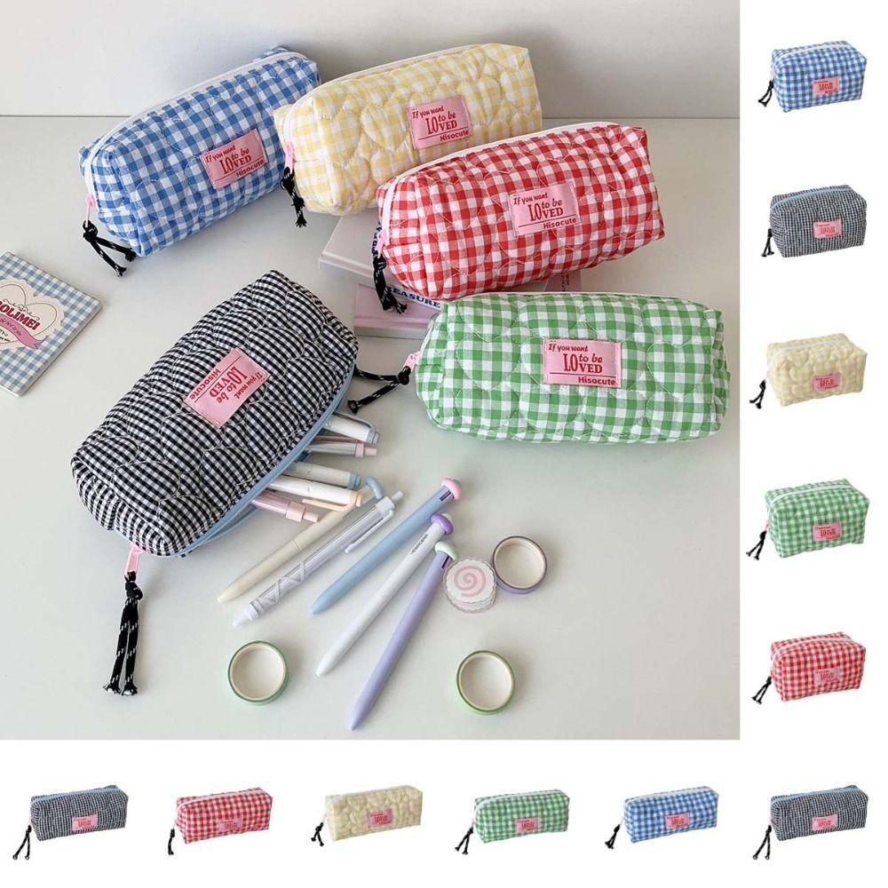Piórnik Koreański Kratka Torba na Artykuły Papiernicze Bawełniany Etui na Ołówki Y2K Słodka Kratka Serce Etui na Ołówki Biuro
