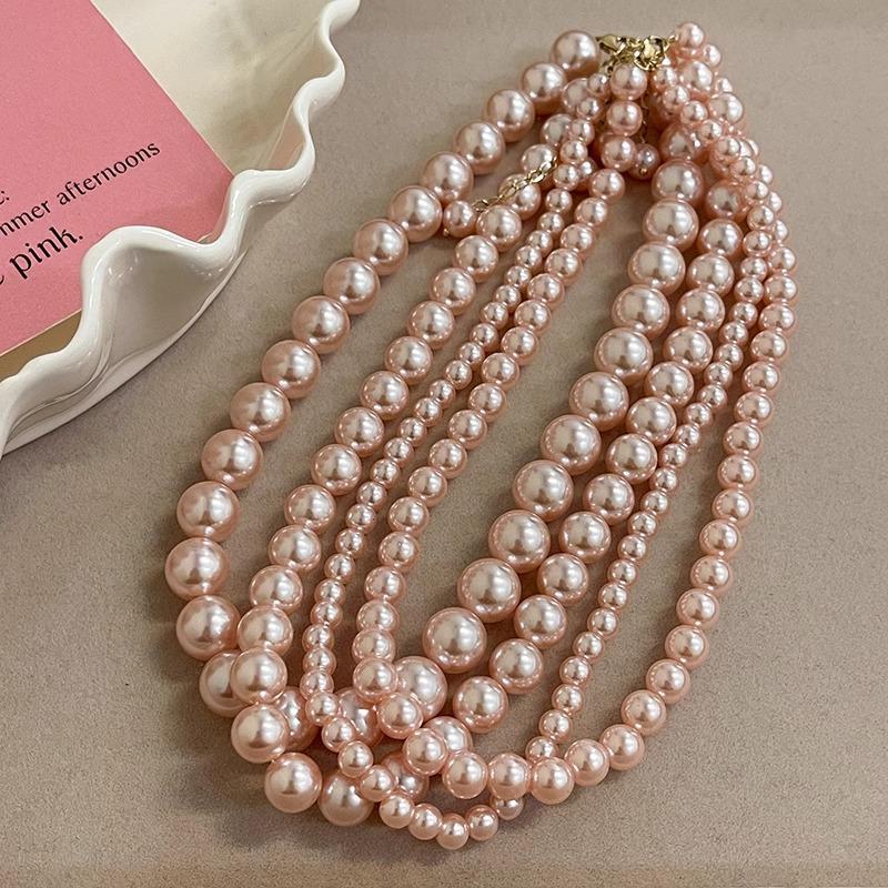 Pink & Gray Glass Pearl Necklace Autumn Winter Style for Women Sweater Chain with Air Texture Pearl Neck Chain