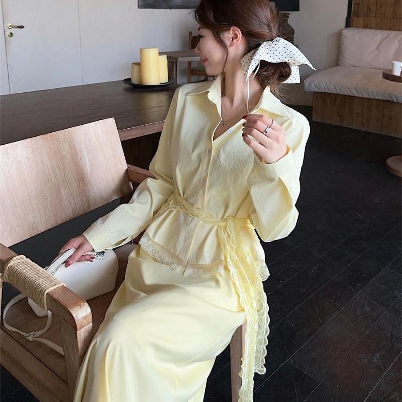 Woman Yellow Lace Shawl Shirts French Style Loose Lapel Long Sleeved Blouses Autumn Fashion Women's Single Breasted Top