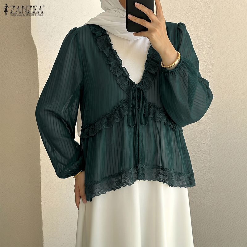 ZANZEA Women Elegant Lace Splice V-Neck See Through Long Sleeve Cover Up Blouse