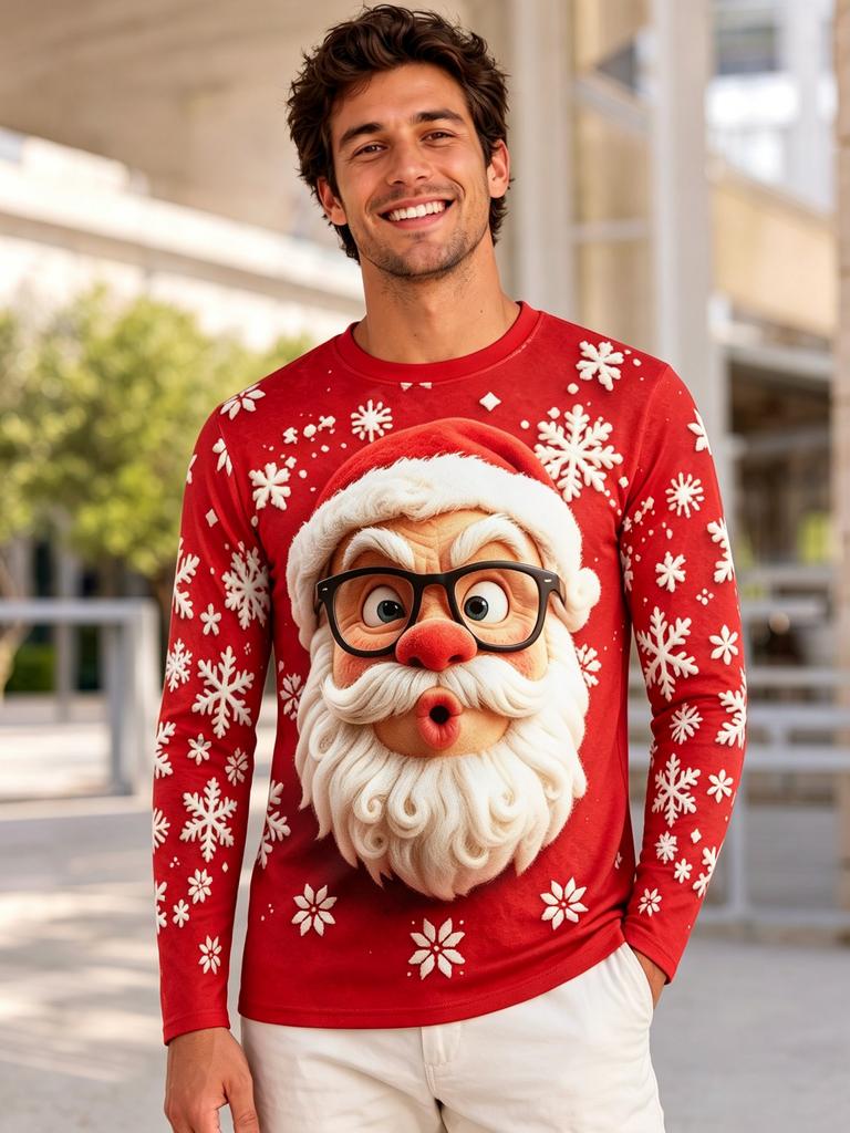 Unisex Couple Long Sleeve Ugly Christmas Tshirt Classic 3D Print Red Round Neck Santa Snowflake Holiday Casual Tops