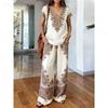 Travel essentials printed two-piece set, vintage elegance V-neck top, loose hierarchy wide-leg pants, vacation style