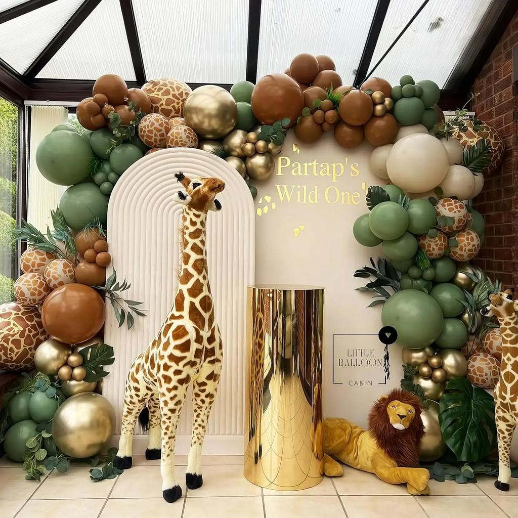 129Pcs Sage Green and Brown Wildlife Style Balloon Garland Set with Leaves for Jungle Safari Outdoor Birthday Party Decorations 5