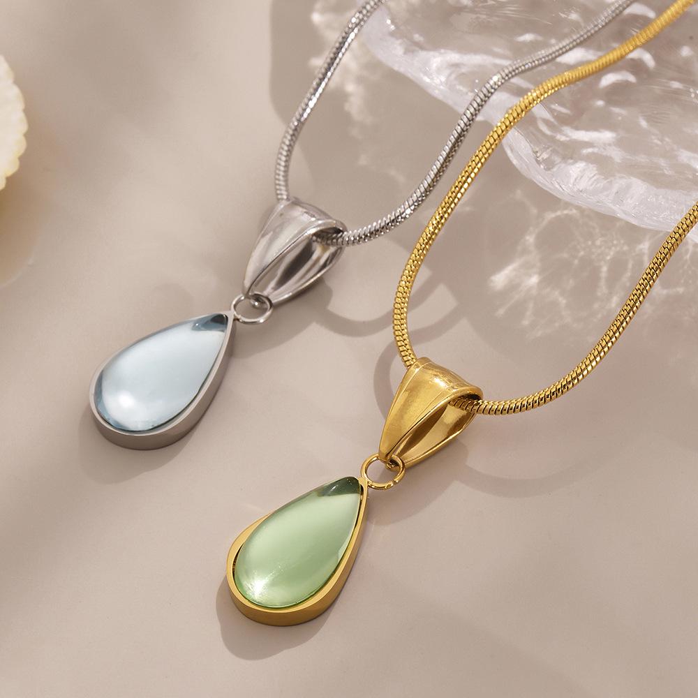 Oumaijia French Luxury Green Blue Glass Teardrop Pendant Necklace for Women – Minimalist Clavicle Chain Jewelry
