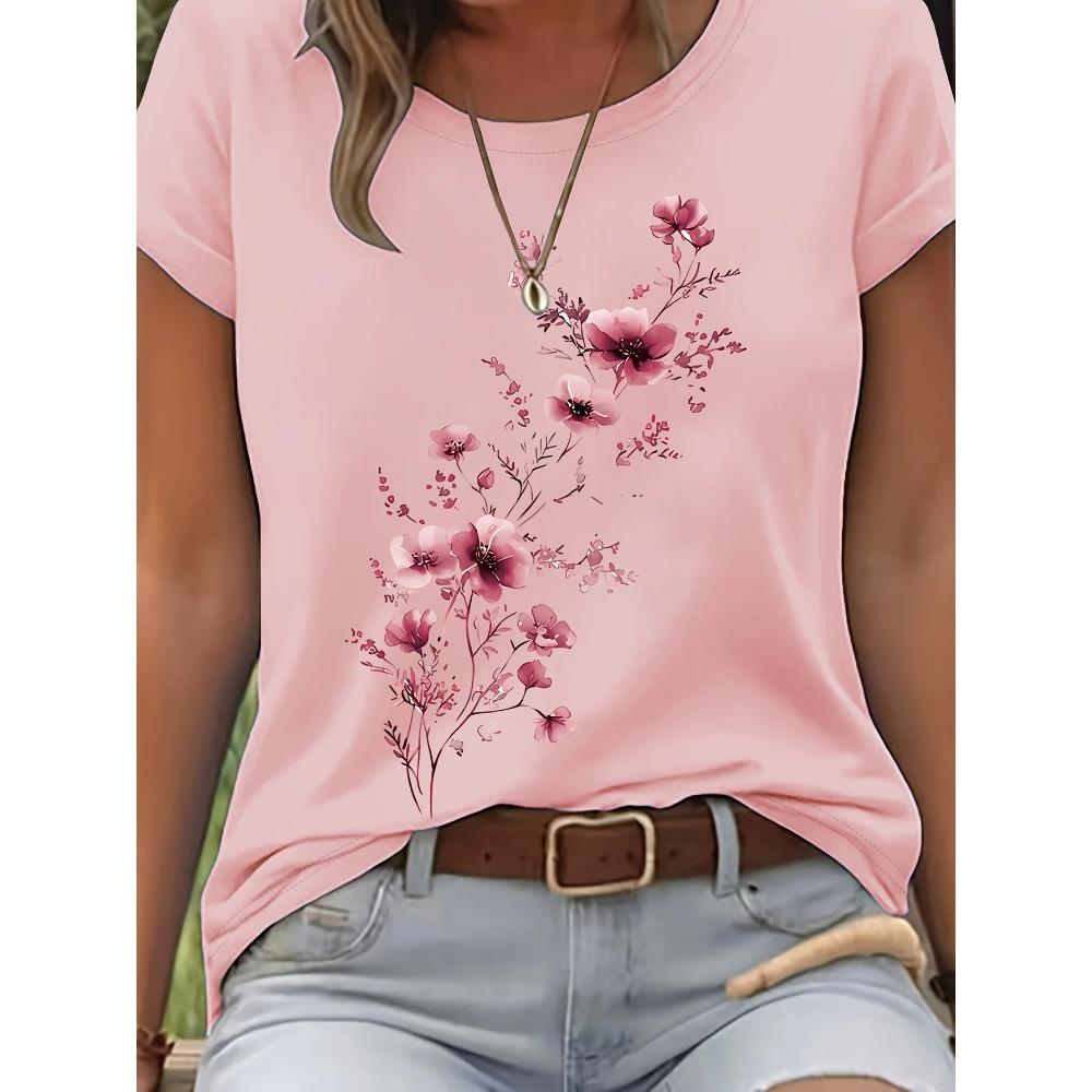 T-shirt da Donna con Ramo Floreale Viola - Grafica Delicata di Fiori ad Acquerello, Top Casual Viola Chiaro
