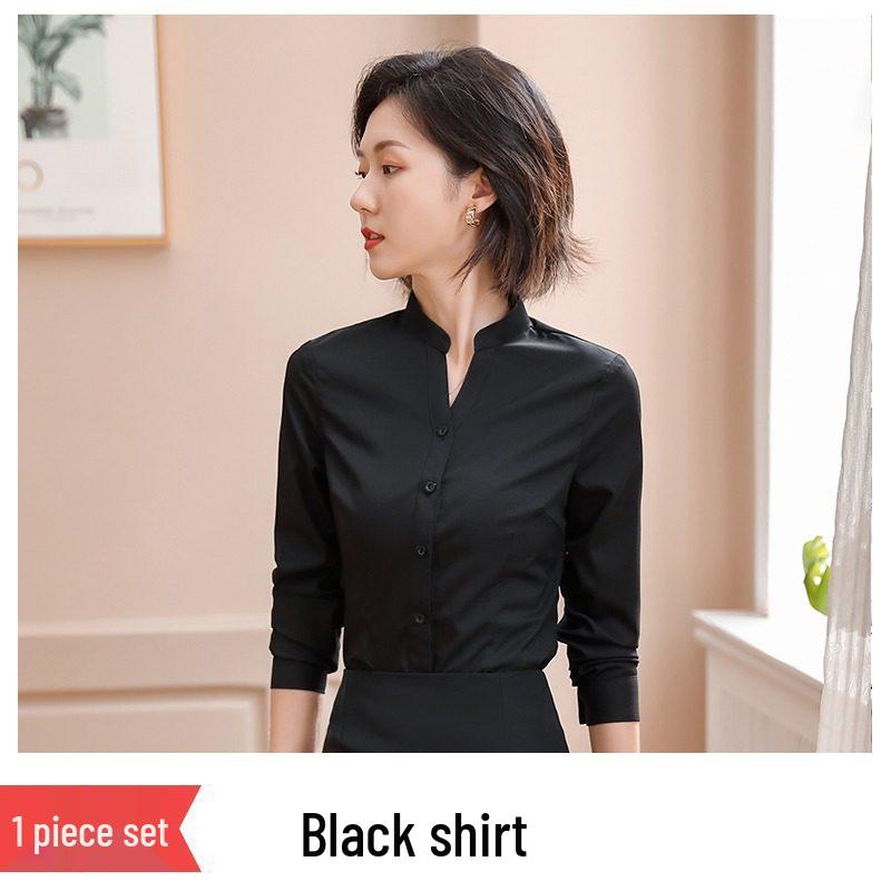 Women's Black Slim-Fit Professional Long-Sleeve Stand-Up Collar Shirt - New 2026 Business Formal Wear