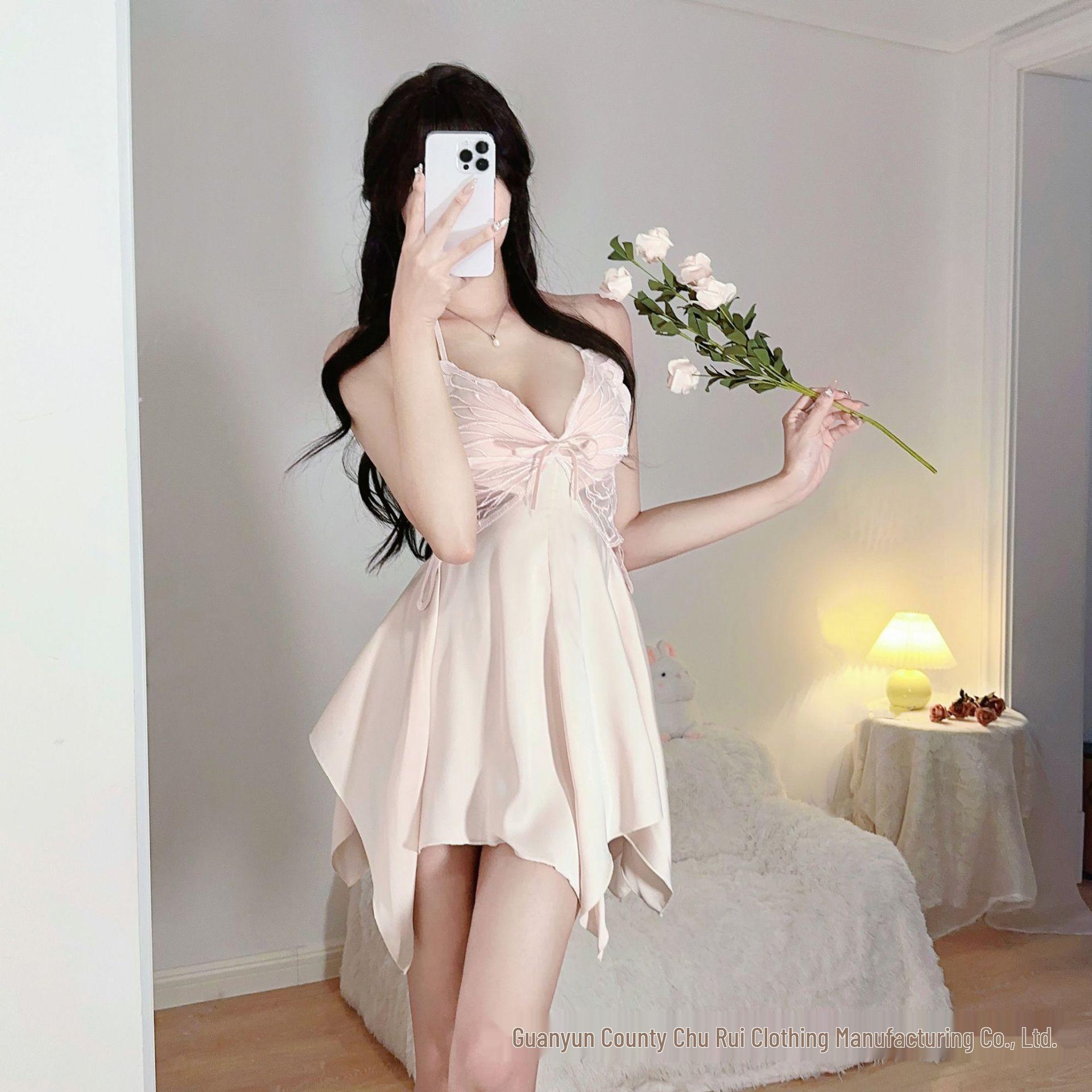 

Шелковое нижнее белье: Сексуальная ночная сорочка пуш-ап с отделкой бантами One Size абрикосовый/розовый