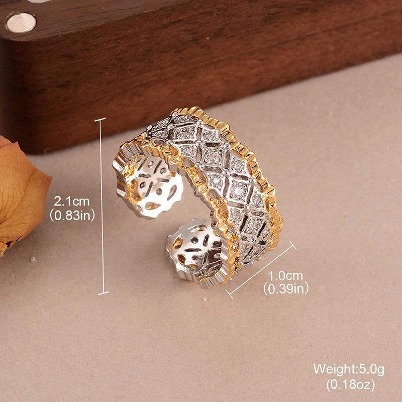 

Fashion zircon rhombus ring women s retro geometric temperament hollow gold and silver contrasting color high-grade light luxury open ring jewelry