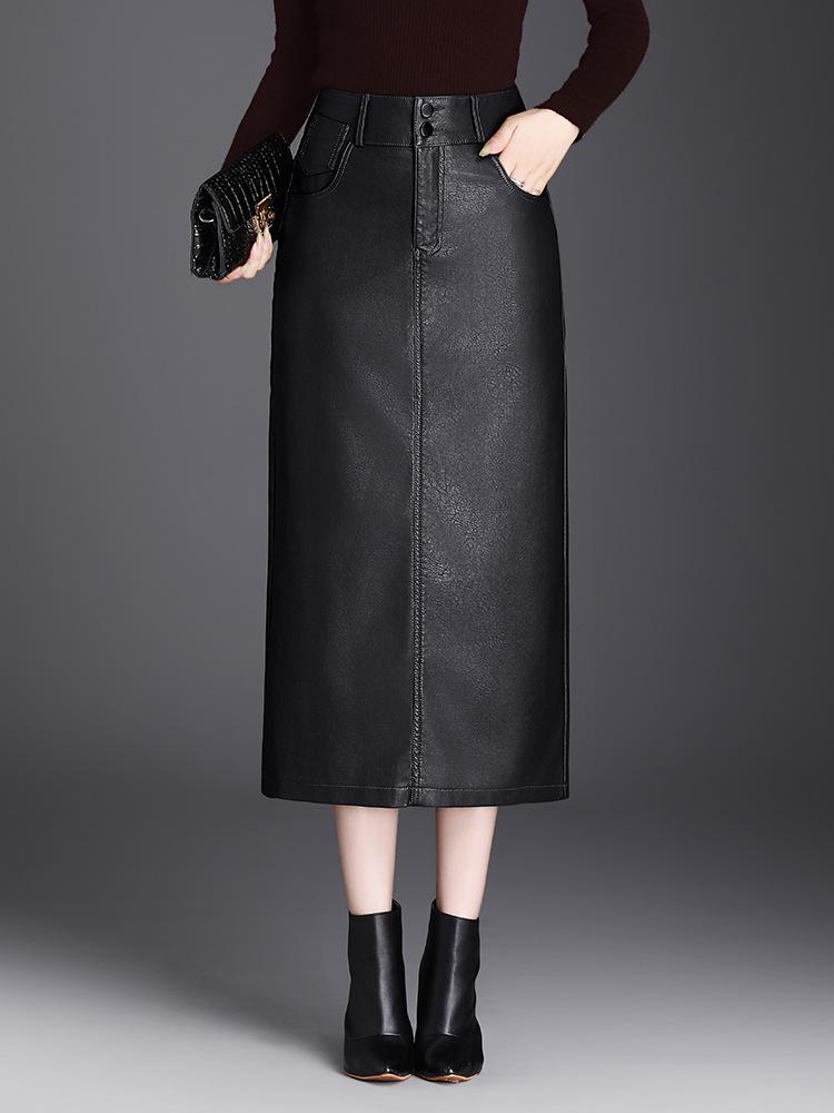 Ołówkowa Spódnica z PU Skóry z Kieszeniami, Wysoki Stan, Kolekcja Jesień/Zima 2025, Krój Prosty, Dopasowana.