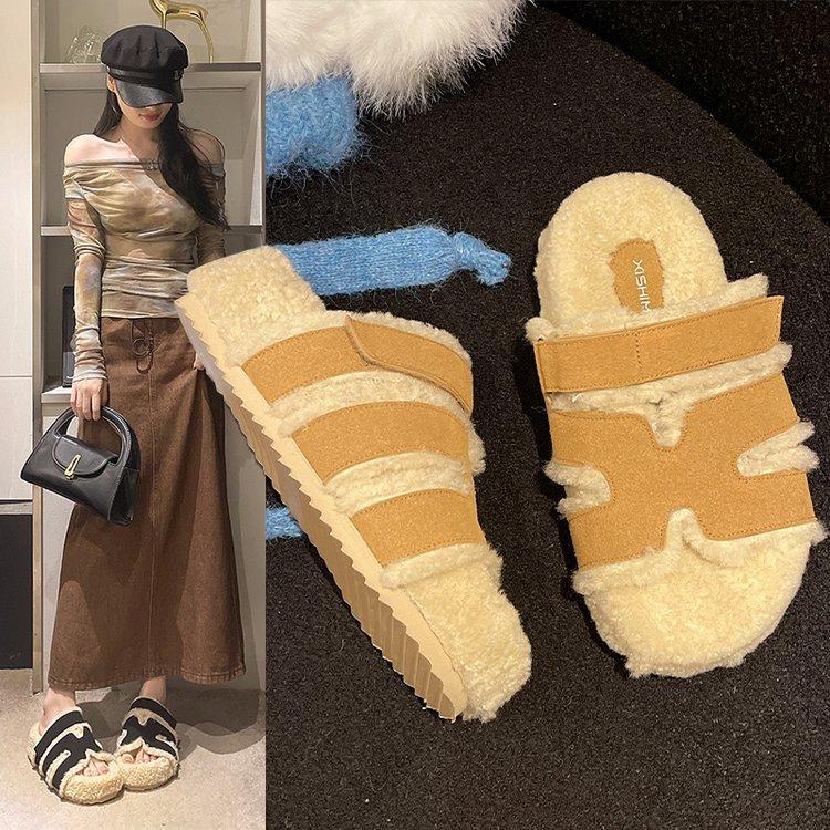 Deer and Girlfriend, Fluffy Slippers for Women's Wear 2025 New Autumn and Winter Leather Thick-soled Lamb Wool H Second Uncle Slippers