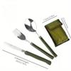 Military Green Folding Knife Outdoor Camping Tool Set with Portable Combination Tableware Bag