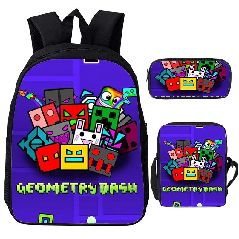 Angry Geometry Dash Cartoon Print Children Backpack 3Pcs Set Boys Girls School Bags Large Capacity Bookbag Back To School Gifts