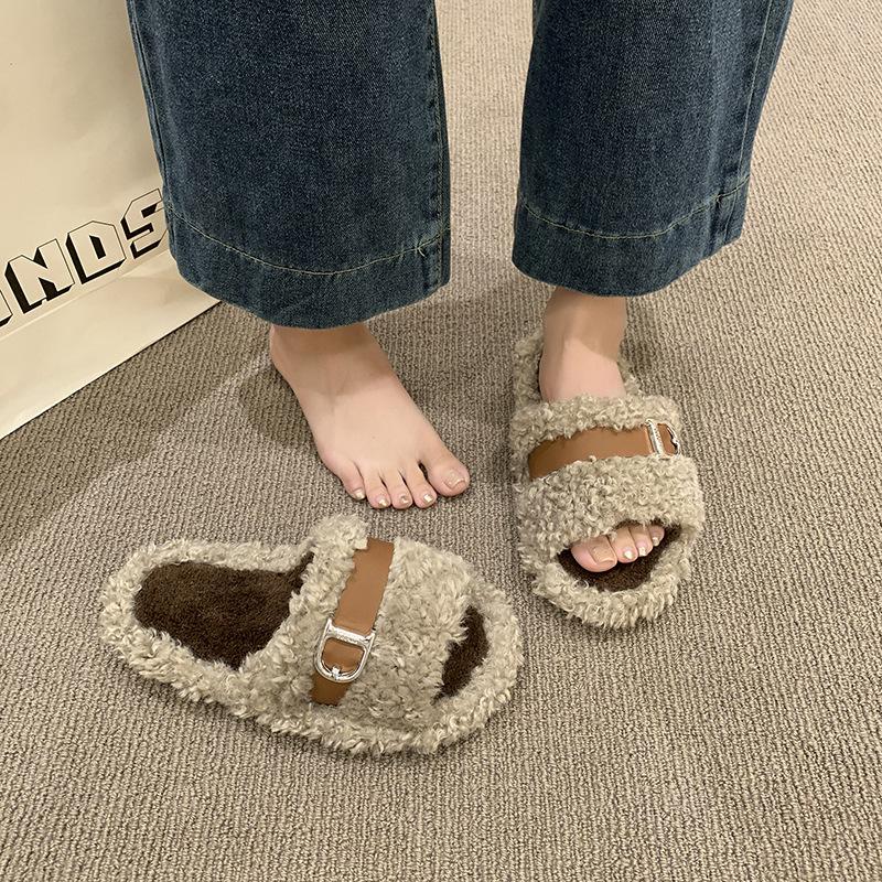 Muffin Thick-soled Wool Slippers Women's Wear 2025 Autumn and Winter New Internet Celebrity Versatile Lamb Curly Wool One-word Cotton Slippers