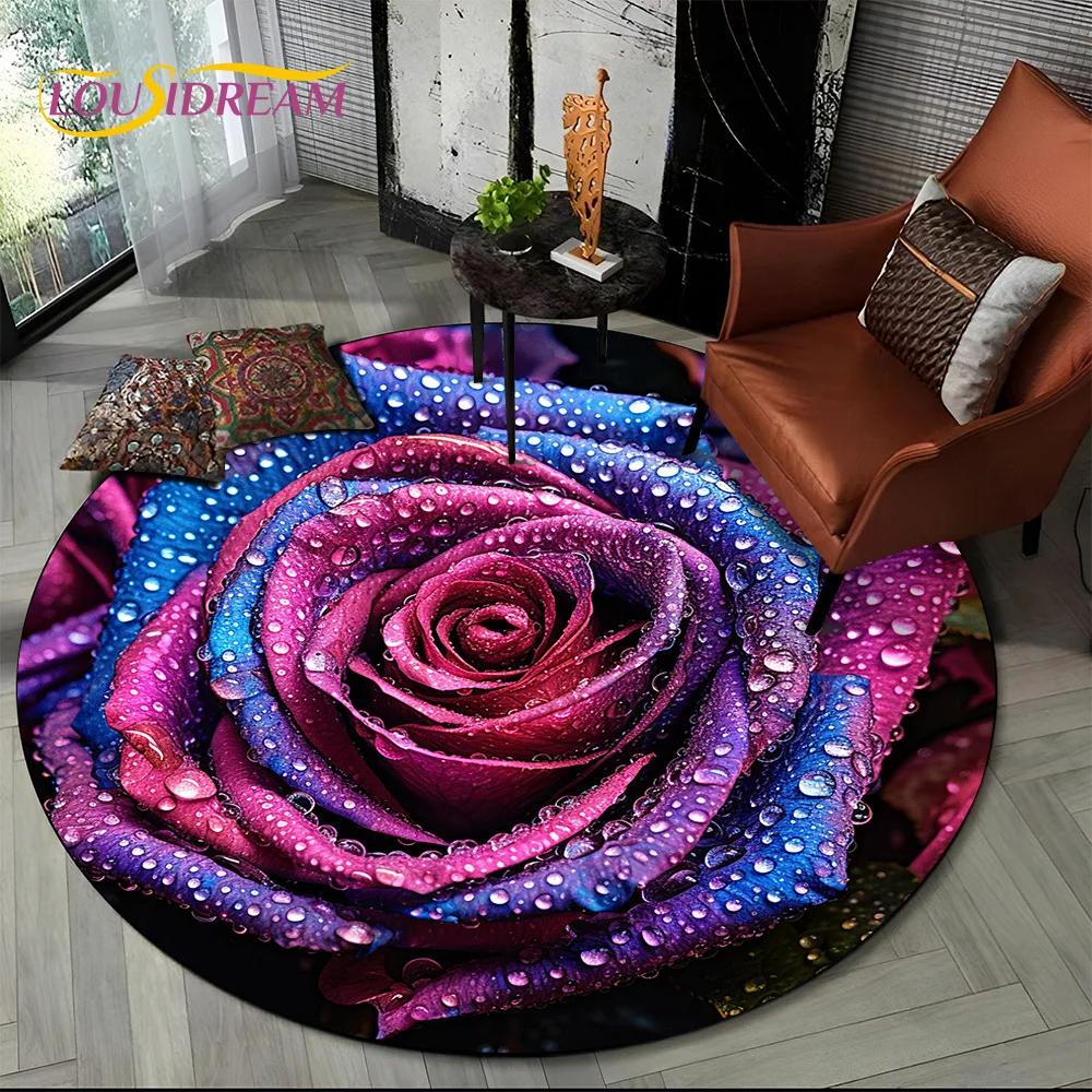 Luxury Sun Flower 3D Rose Nordic Daisy Round Carpet Rug for Living Room Bedroom Sofa Decor,Kids Area Rug Non-slip Floor Mat Gift