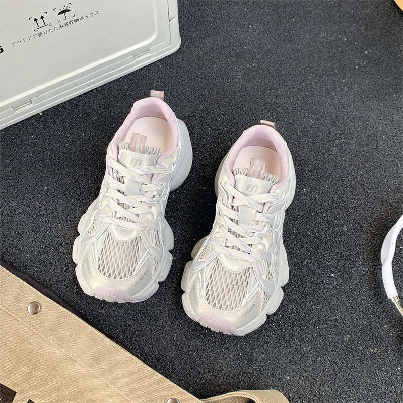 Daddy Shoes Women's New Summer Mesh Breathable Silver Heightened Thick-soled Casual Lightweight Sports Shoes